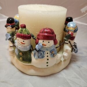 Kohl's Snowman Snowmen Pilar Candle Holder Candle Set Ceramic 4.5"x6.5" Holiday